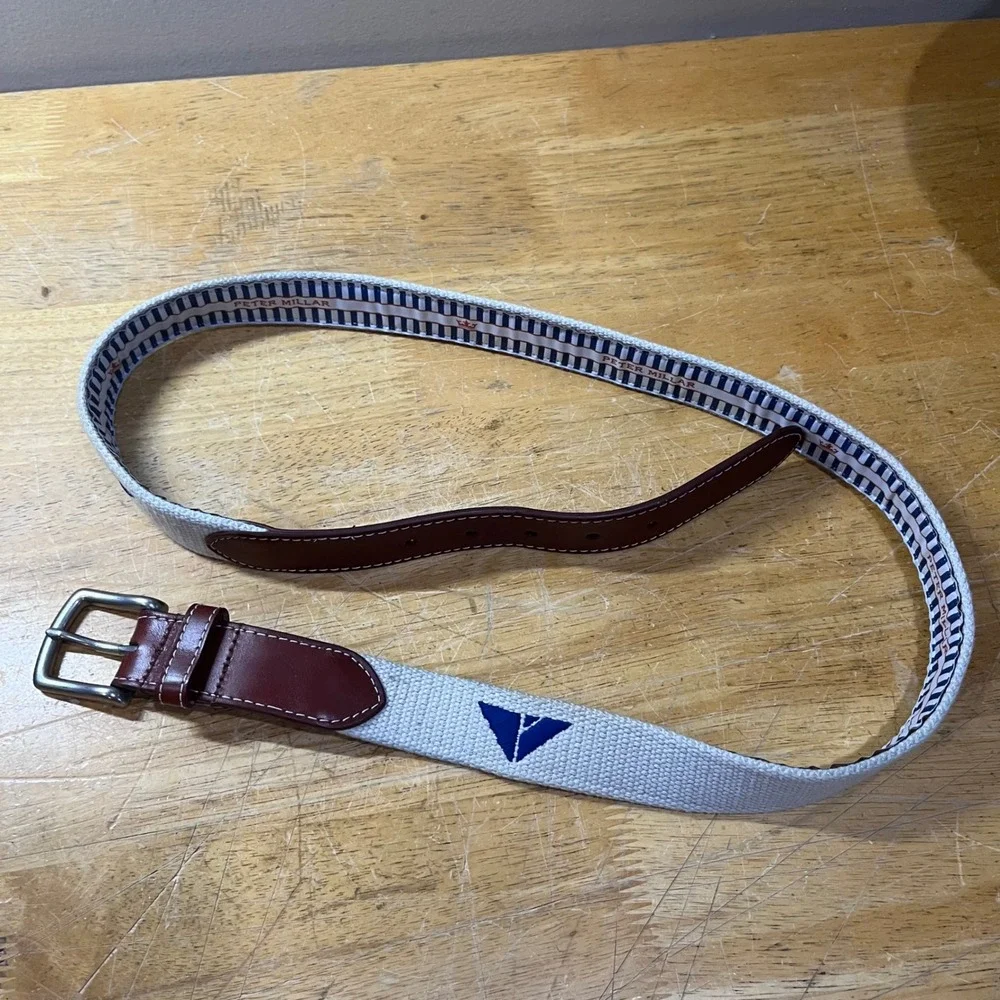 Peter Millar Mens Canvas Leather Belt Beige Brown Made in USA Size 42 Vtg Style